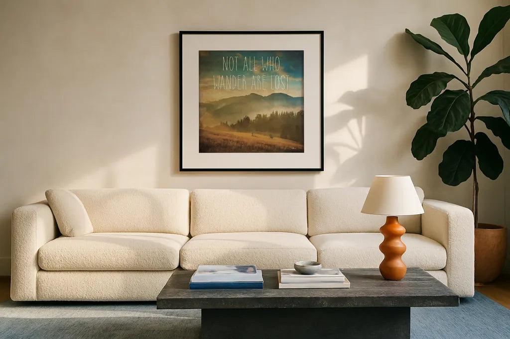 Wander II by Pela Studio. Displayed in a glass frame with matte in a clean modern living room. Available as an archival giclee rolled canvas, fine art paper, or poster print. SKU 18261a.