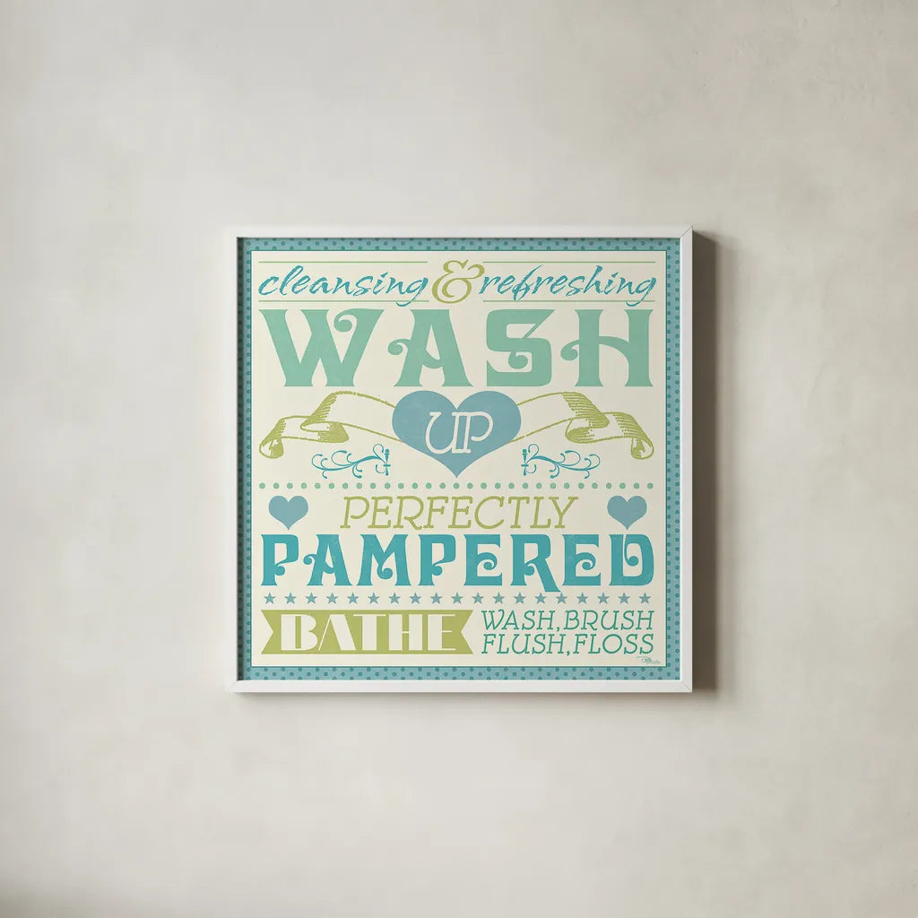 Wash Up VI by Pela Studio. Shown in a crisp white glass frame for a clean and minimalist style. Available as an archival giclee rolled canvas, fine art paper, or poster print. SKU 12843a.