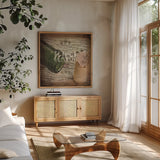 Wine Collage II by Pela Studio. Shown in a natural wood frame in a cozy modern living room. Available as an archival giclee rolled canvas, fine art paper, or poster print. SKU 20499a.