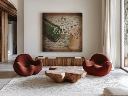 Wine Collage II by Pela Studio. Shown as extra-large giant wall art in a modern living room. Available as an archival giclee rolled canvas, fine art paper, or poster print. SKU 20499a.