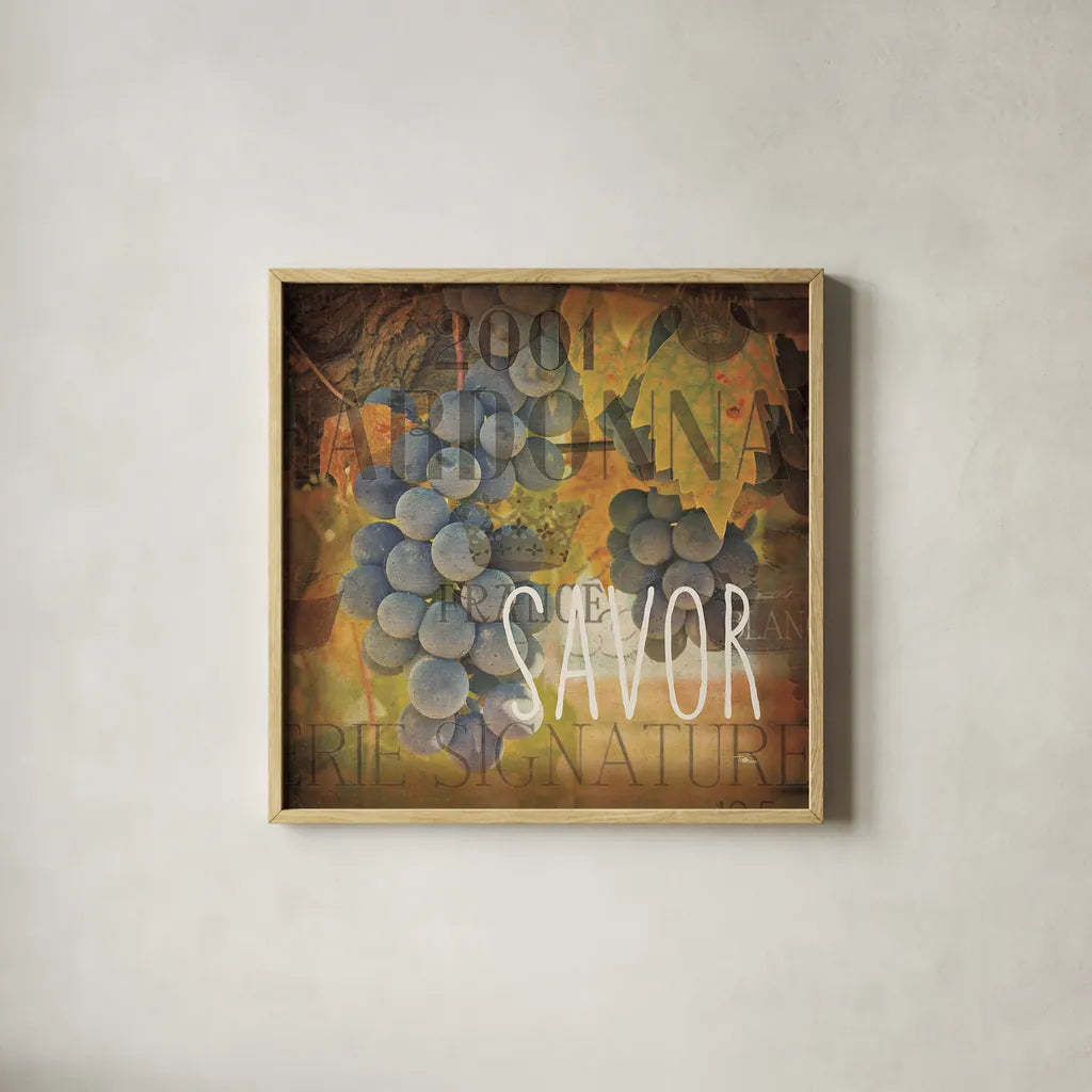 Wine Collage IV by Pela Studio. Shown in a natural wood glass frame for a timeless modern aesthetic. Available as an archival giclee rolled canvas, fine art paper, or poster print. SKU 20501a.