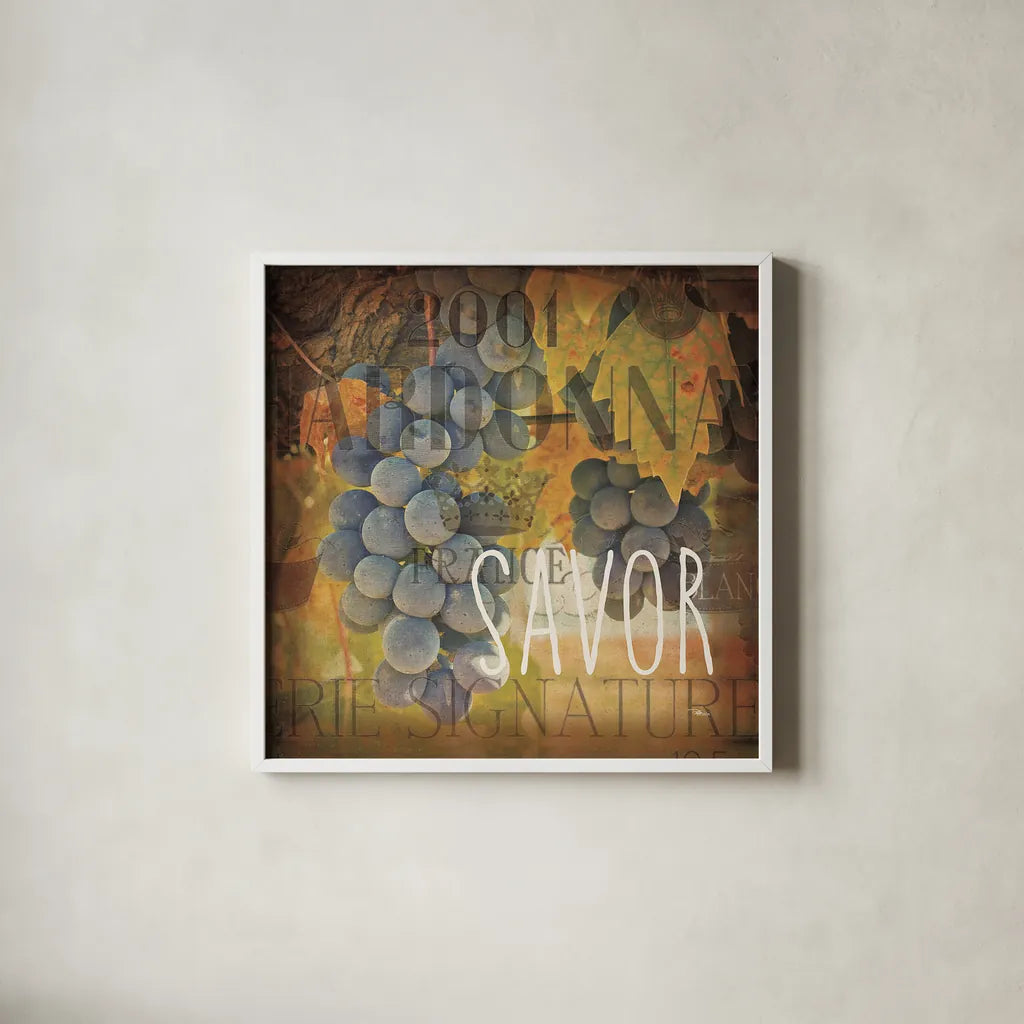 Wine Collage IV by Pela Studio. Shown in a crisp white glass frame for a clean and minimalist style. Available as an archival giclee rolled canvas, fine art paper, or poster print. SKU 20501a.