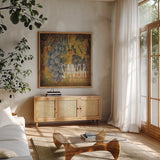 Wine Collage IV by Pela Studio. Shown in a natural wood frame in a cozy modern living room. Available as an archival giclee rolled canvas, fine art paper, or poster print. SKU 20501a.