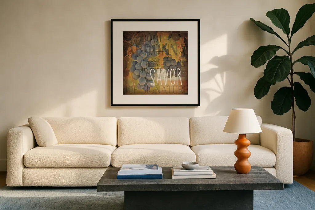 Wine Collage IV by Pela Studio. Displayed in a glass frame with matte in a clean modern living room. Available as an archival giclee rolled canvas, fine art paper, or poster print. SKU 20501a.