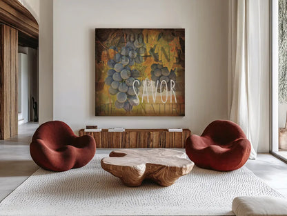 Wine Collage IV by Pela Studio. Shown as extra-large giant wall art in a modern living room. Available as an archival giclee rolled canvas, fine art paper, or poster print. SKU 20501a.