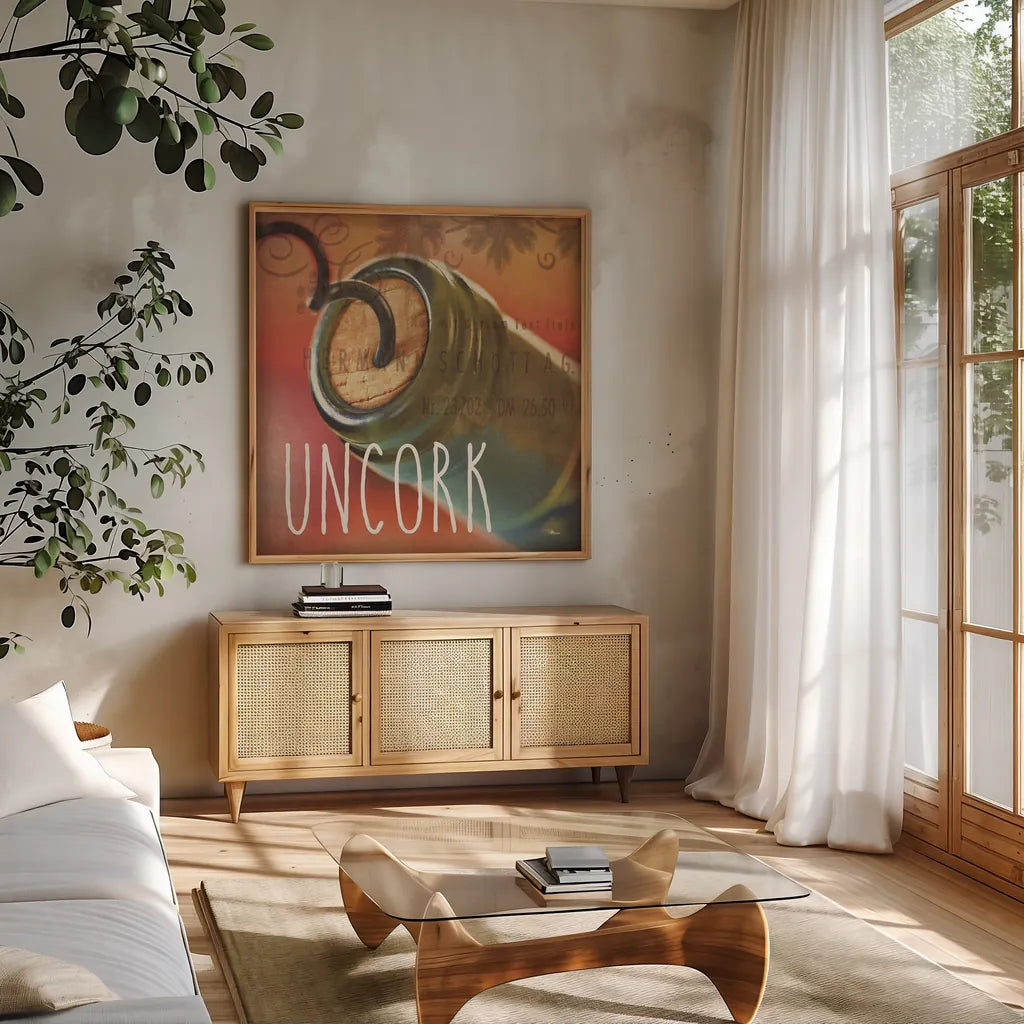 Wine Collage IX by Pela Studio. Shown in a natural wood frame in a cozy modern living room. Available as an archival giclee rolled canvas, fine art paper, or poster print. SKU 20243a.