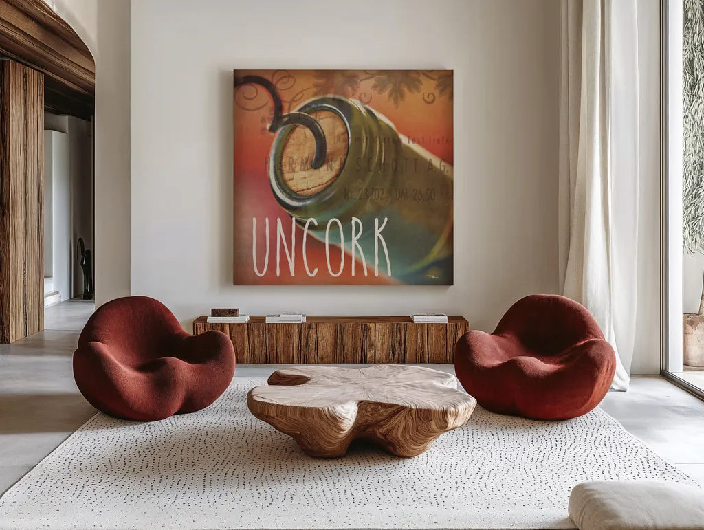 Wine Collage IX by Pela Studio. Shown as extra-large giant wall art in a modern living room. Available as an archival giclee rolled canvas, fine art paper, or poster print. SKU 20243a.