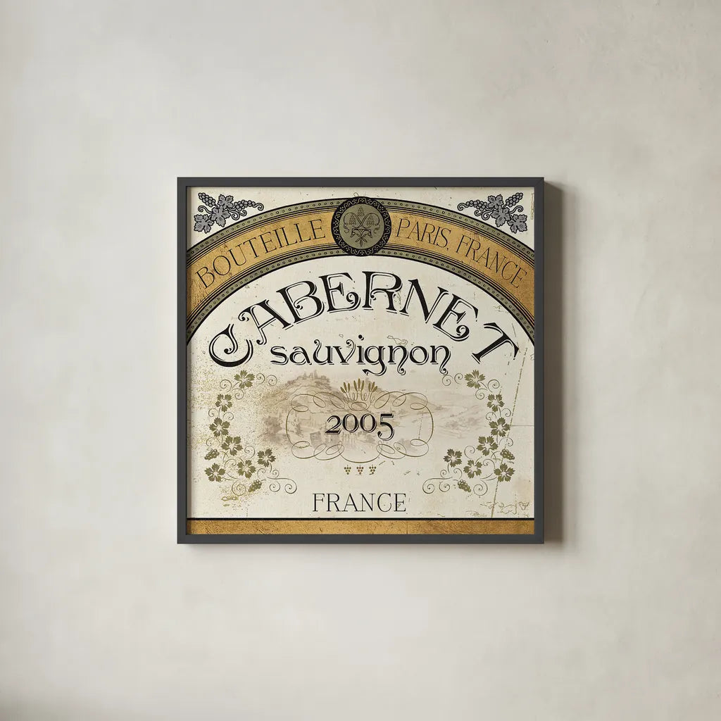 Wine Labels I by Pela Studio. Shown in a sleek black glass frame for a contemporary gallery look. Available as an archival giclee rolled canvas, fine art paper, or poster print. SKU 12859a.