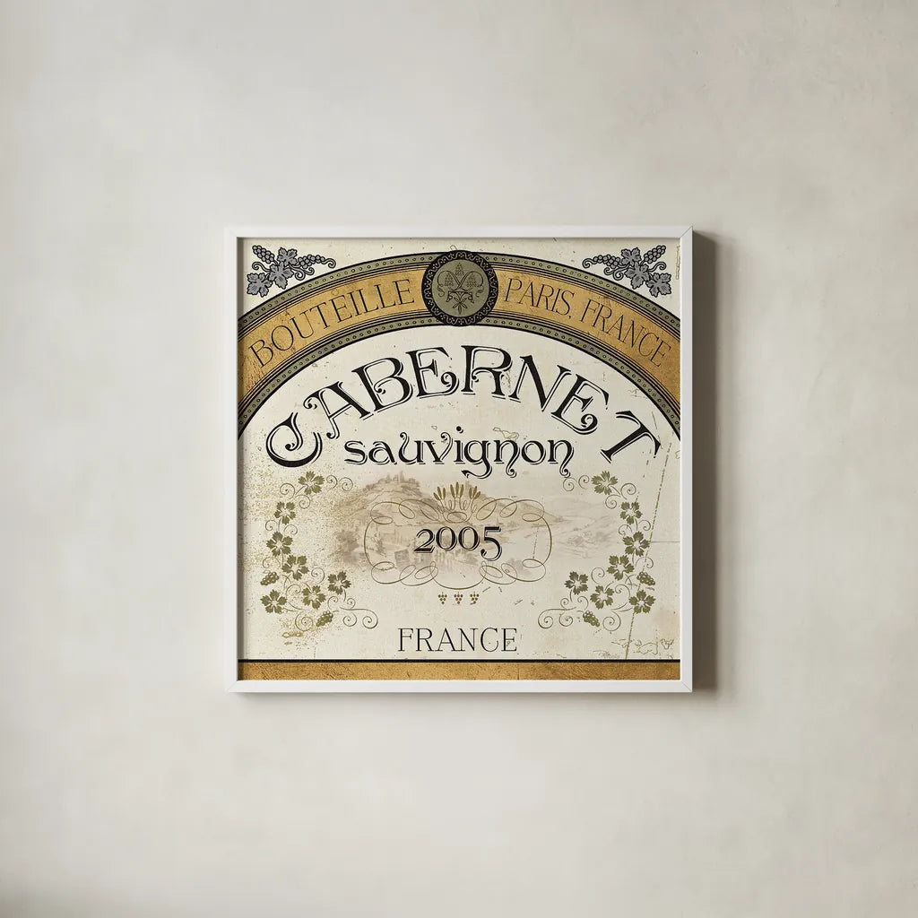 Wine Labels I by Pela Studio. Shown in a crisp white glass frame for a clean and minimalist style. Available as an archival giclee rolled canvas, fine art paper, or poster print. SKU 12859a.