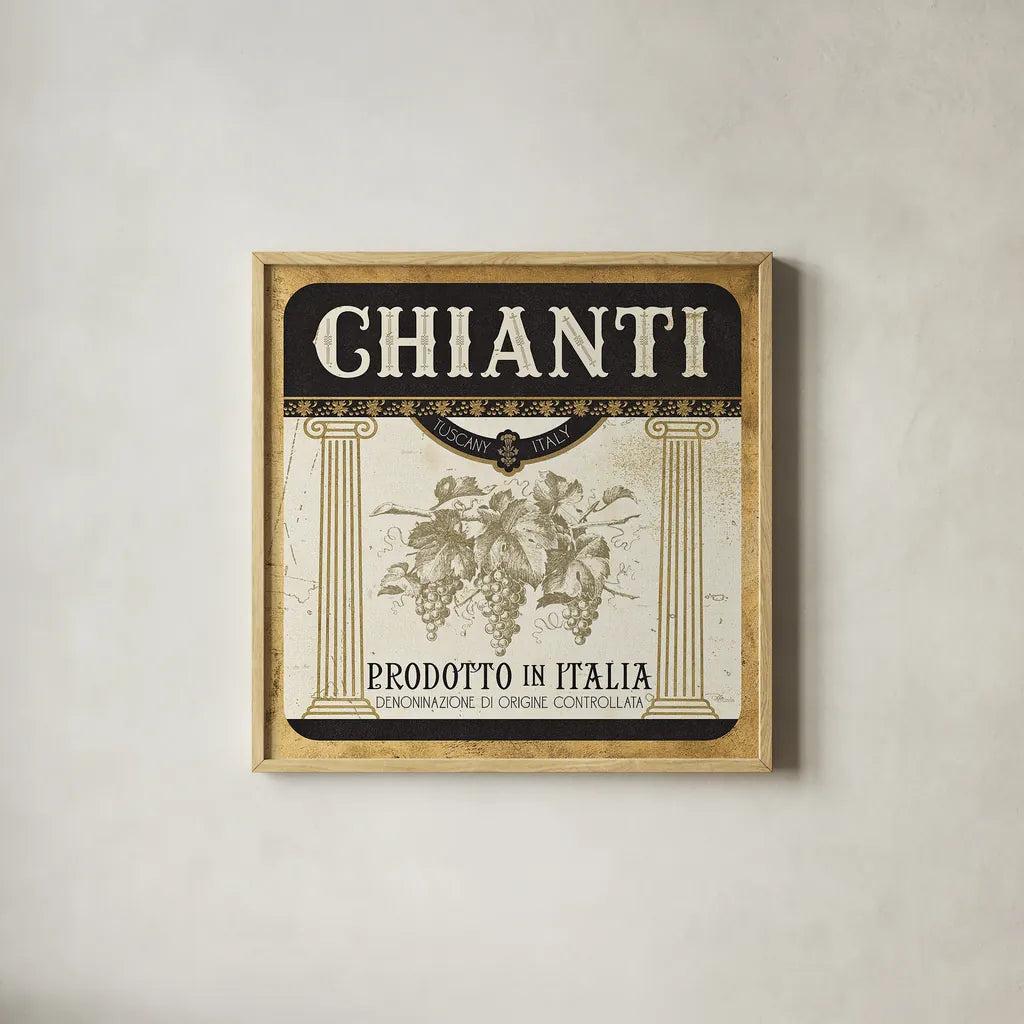 Wine Labels III by Pela Studio. Shown in a natural wood glass frame for a timeless modern aesthetic. Available as an archival giclee rolled canvas, fine art paper, or poster print. SKU 12861a.