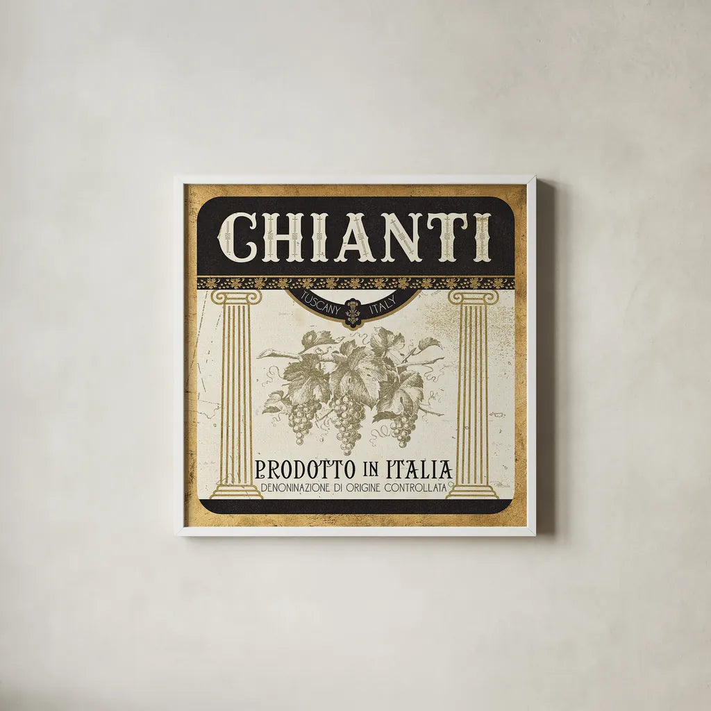 Wine Labels III by Pela Studio. Shown in a crisp white glass frame for a clean and minimalist style. Available as an archival giclee rolled canvas, fine art paper, or poster print. SKU 12861a.