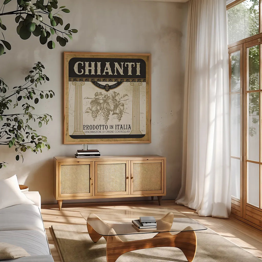 Wine Labels III by Pela Studio. Shown in a natural wood frame in a cozy modern living room. Available as an archival giclee rolled canvas, fine art paper, or poster print. SKU 12861a.