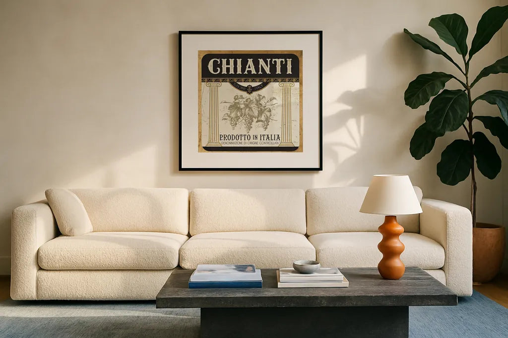 Wine Labels III by Pela Studio. Displayed in a glass frame with matte in a clean modern living room. Available as an archival giclee rolled canvas, fine art paper, or poster print. SKU 12861a.