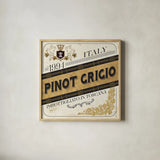 Wine Labels IV by Pela Studio. Shown in a natural wood glass frame for a timeless modern aesthetic. Available as an archival giclee rolled canvas, fine art paper, or poster print. SKU 12862a.