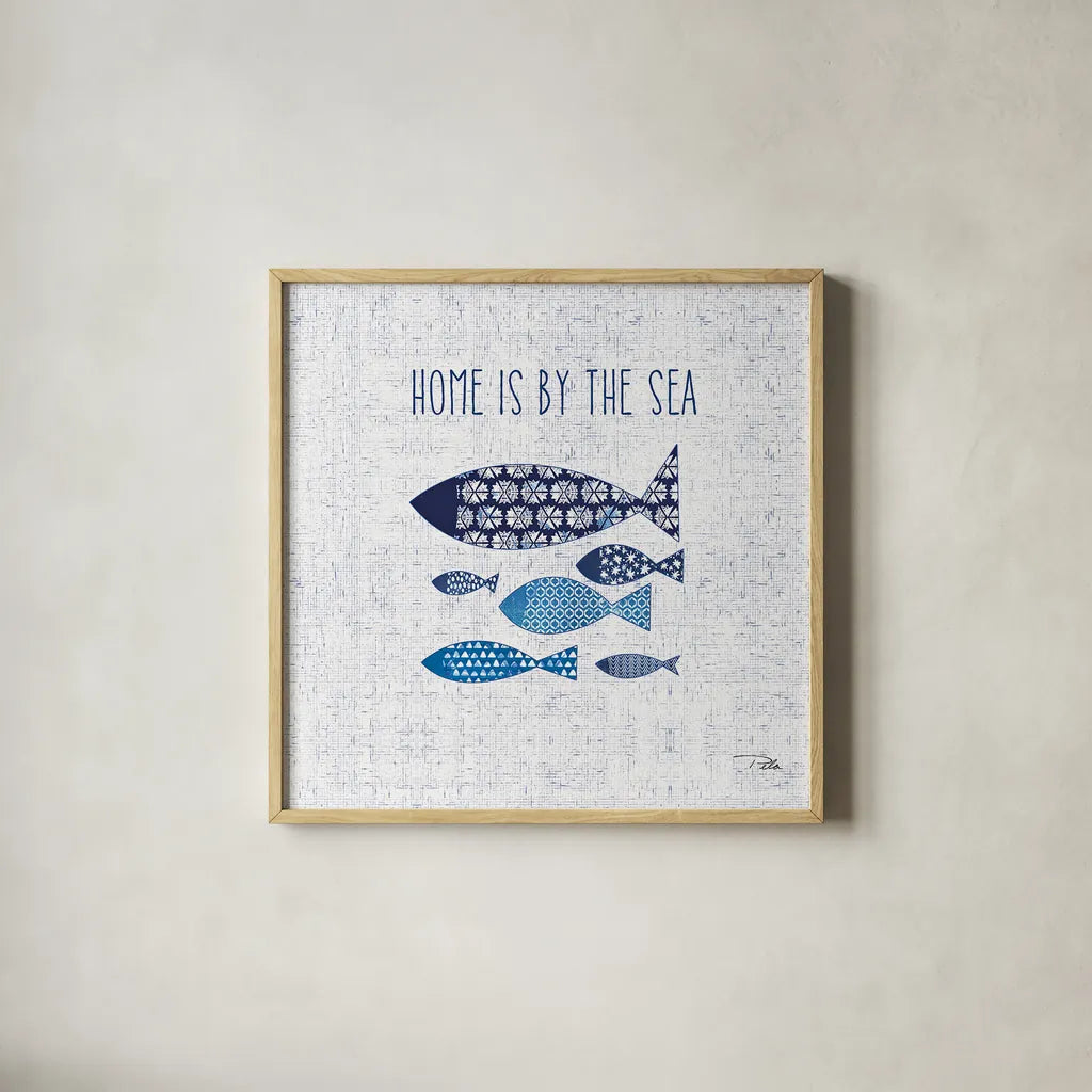 Sunday on the Coast V by Pela. Shown in a natural wood glass frame for a timeless modern aesthetic. Available as an archival giclee rolled canvas, fine art paper, or poster print. SKU 26523a.