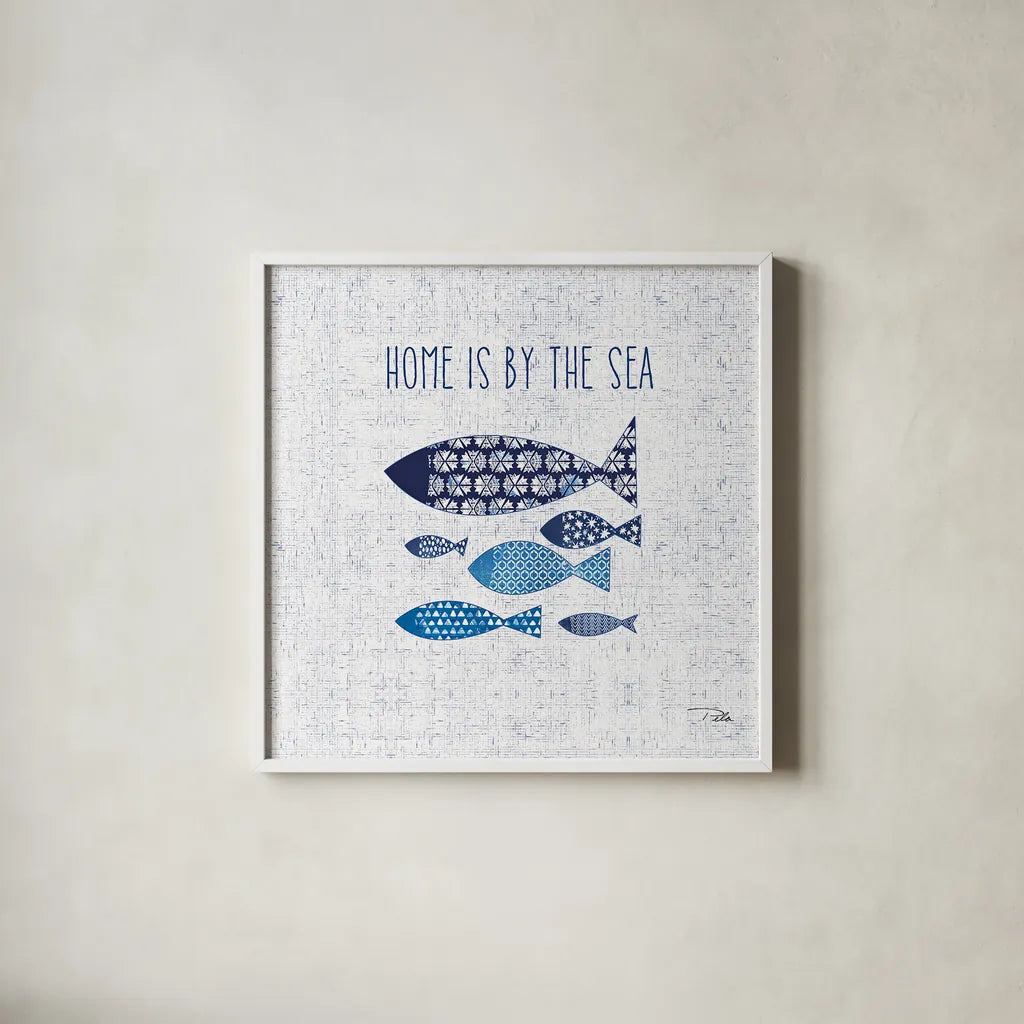 Sunday on the Coast V by Pela. Shown in a crisp white glass frame for a clean and minimalist style. Available as an archival giclee rolled canvas, fine art paper, or poster print. SKU 26523a.