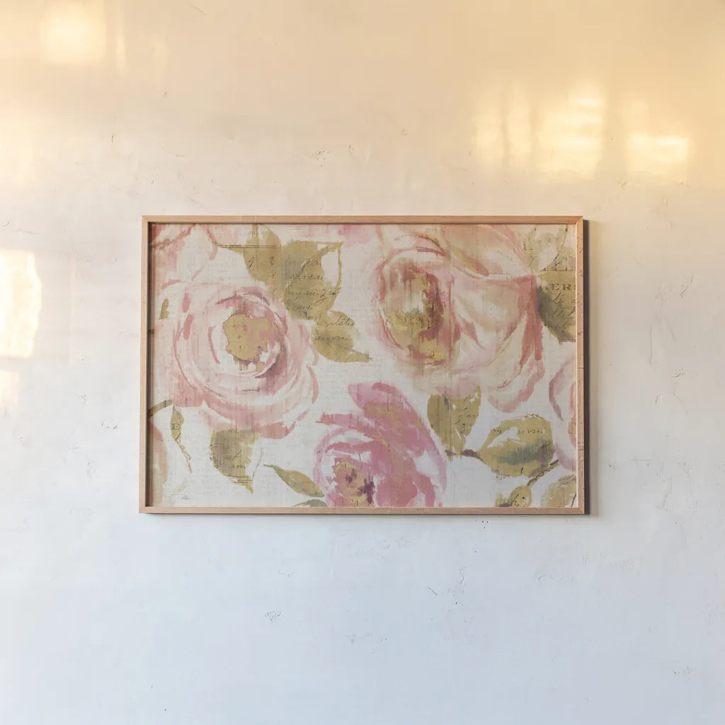 Touch of Rose I by Pela. shown as a paper print in a natural frame. Available as a archival giclee rolled canvas, fine art paper, or poster print. SKU 20742i.