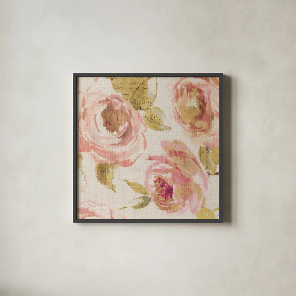 Touch of Rose II by Pela. Shown in a sleek black glass frame for a contemporary gallery look. Available as an archival giclee rolled canvas, fine art paper, or poster print. SKU 20743a.