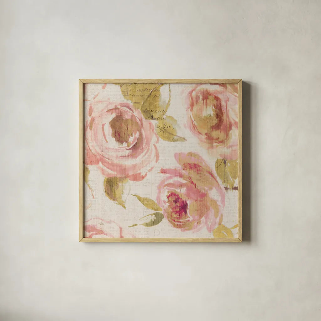Touch of Rose II by Pela. Shown in a natural wood glass frame for a timeless modern aesthetic. Available as an archival giclee rolled canvas, fine art paper, or poster print. SKU 20743a.