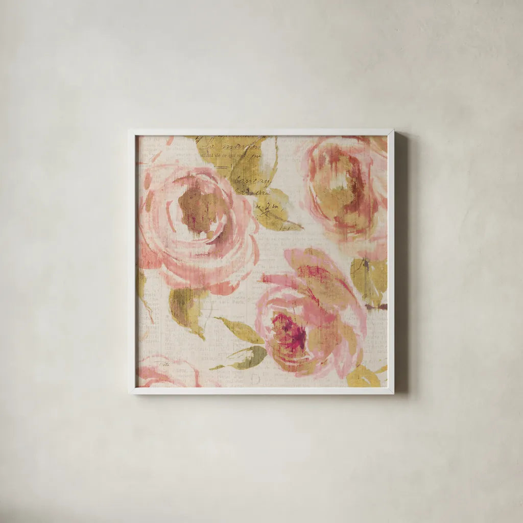 Touch of Rose II by Pela. Shown in a crisp white glass frame for a clean and minimalist style. Available as an archival giclee rolled canvas, fine art paper, or poster print. SKU 20743a.