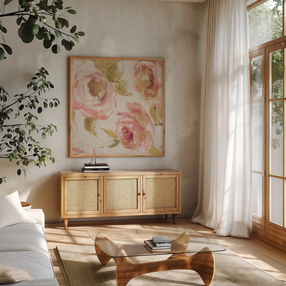 Touch of Rose II by Pela. Shown in a natural wood frame in a cozy modern living room. Available as an archival giclee rolled canvas, fine art paper, or poster print. SKU 20743a.