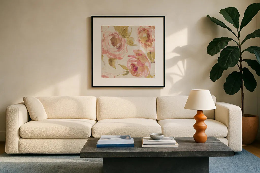 Touch of Rose II by Pela. Displayed in a glass frame with matte in a clean modern living room. Available as an archival giclee rolled canvas, fine art paper, or poster print. SKU 20743a.