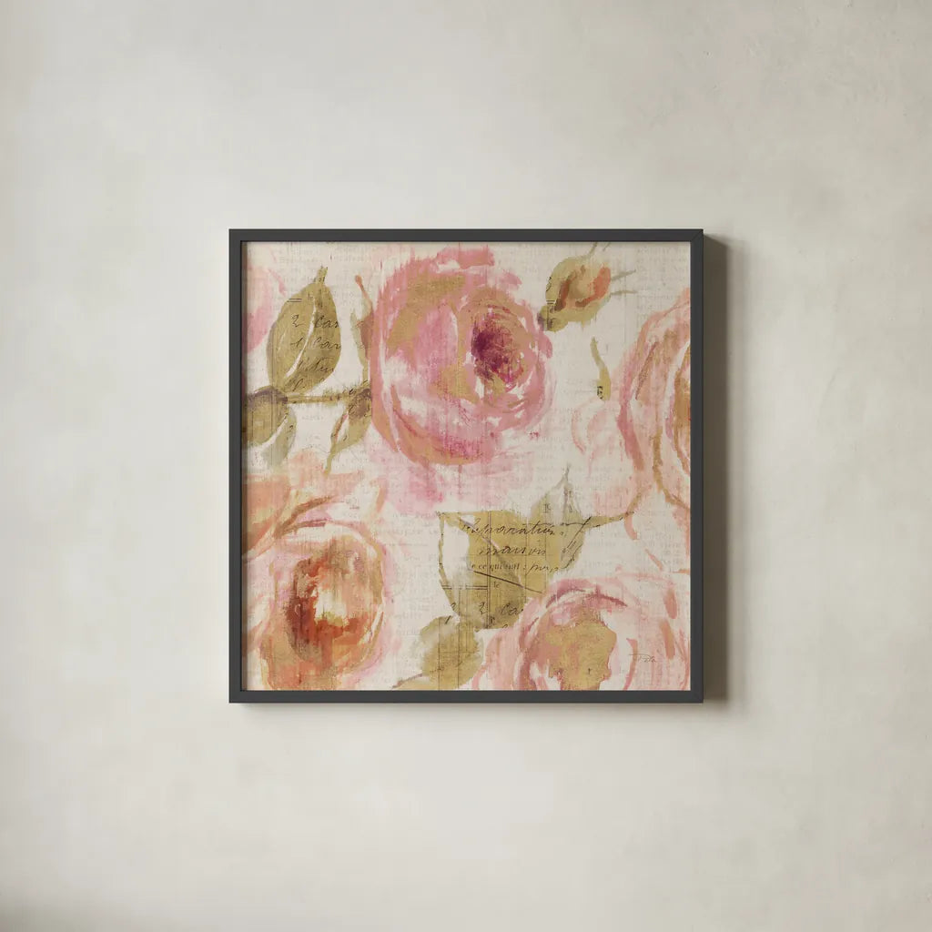 Touch of Rose III by Pela. Shown in a sleek black glass frame for a contemporary gallery look. Available as an archival giclee rolled canvas, fine art paper, or poster print. SKU 20744a.