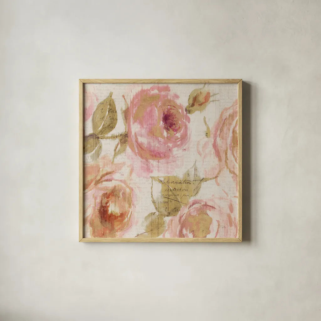Touch of Rose III by Pela. Shown in a natural wood glass frame for a timeless modern aesthetic. Available as an archival giclee rolled canvas, fine art paper, or poster print. SKU 20744a.