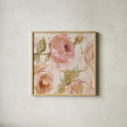 Touch of Rose III by Pela. Shown in a natural wood glass frame for a timeless modern aesthetic. Available as an archival giclee rolled canvas, fine art paper, or poster print. SKU 20744a.