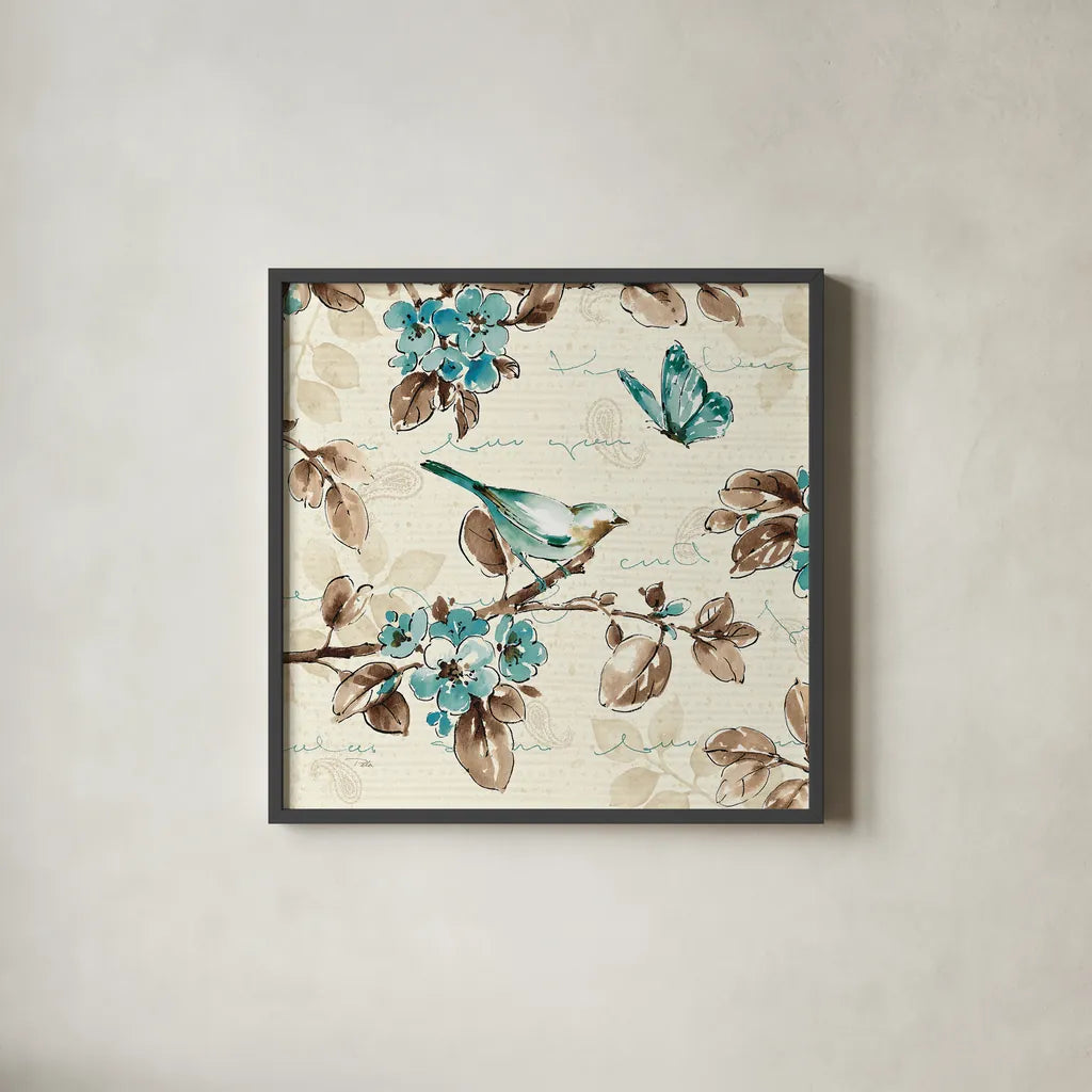 Wing Prints III by Pela. Shown in a sleek black glass frame for a contemporary gallery look. Available as an archival giclee rolled canvas, fine art paper, or poster print. SKU 12819a.