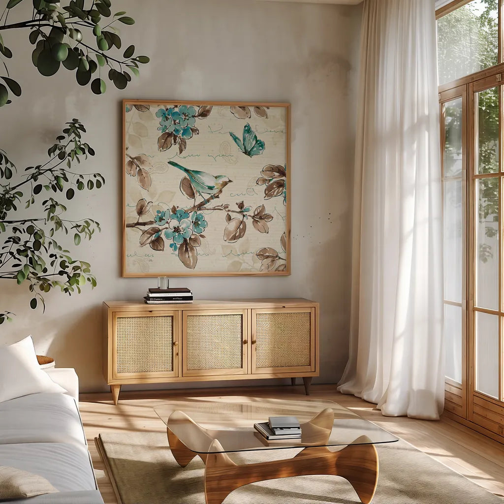 Wing Prints III by Pela. Shown in a natural wood frame in a cozy modern living room. Available as an archival giclee rolled canvas, fine art paper, or poster print. SKU 13457a.