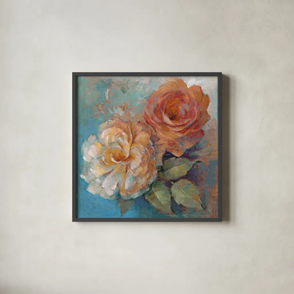 Roses Spice I Crop by Peter McGowan. Shown in a sleek black glass frame for a contemporary gallery look. Available as an archival giclee rolled canvas, fine art paper, or poster print. SKU 27986a.