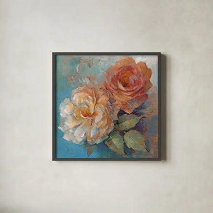 Roses Spice I Crop by Peter McGowan. Shown in a sleek black glass frame for a contemporary gallery look. Available as an archival giclee rolled canvas, fine art paper, or poster print. SKU 27986a.