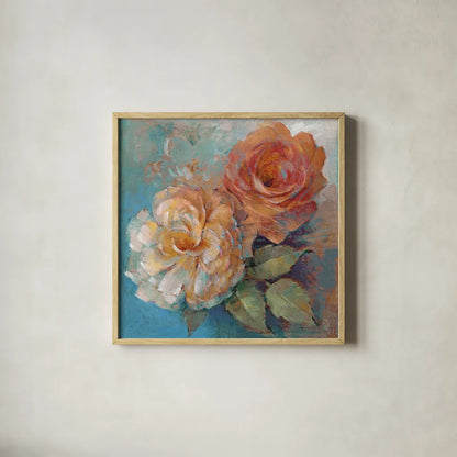 Roses Spice I Crop by Peter McGowan. Shown in a natural wood glass frame for a timeless modern aesthetic. Available as an archival giclee rolled canvas, fine art paper, or poster print. SKU 27986a.