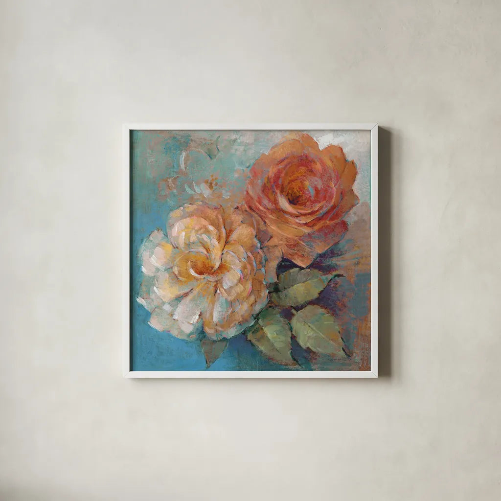Roses Spice I Crop by Peter McGowan. Shown in a crisp white glass frame for a clean and minimalist style. Available as an archival giclee rolled canvas, fine art paper, or poster print. SKU 27986a.