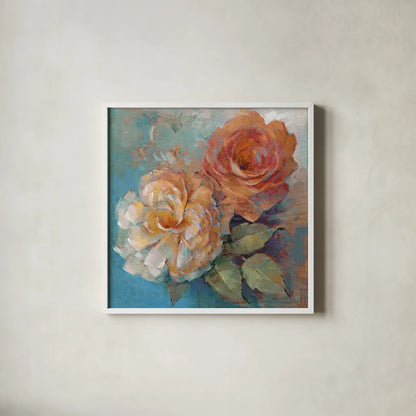 Roses Spice I Crop by Peter McGowan. Shown in a crisp white glass frame for a clean and minimalist style. Available as an archival giclee rolled canvas, fine art paper, or poster print. SKU 27986a.