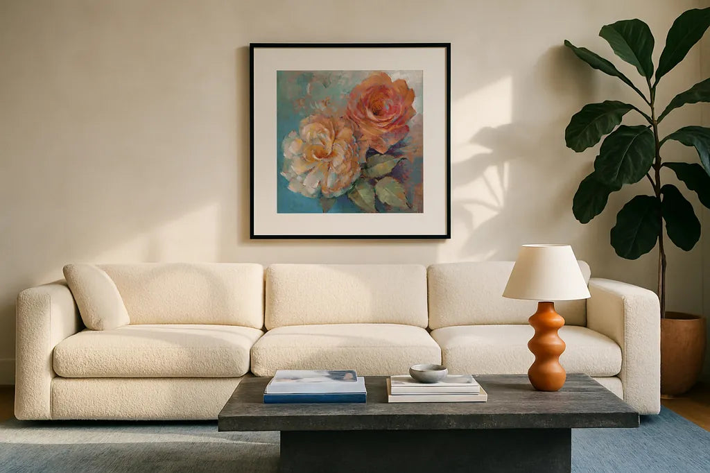 Roses Spice I Crop by Peter McGowan. Displayed in a glass frame with matte in a clean modern living room. Available as an archival giclee rolled canvas, fine art paper, or poster print. SKU 27986a.