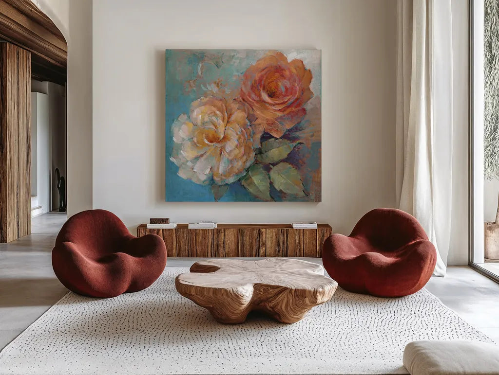 Roses Spice I Crop by Peter McGowan. Shown as extra-large giant wall art in a modern living room. Available as an archival giclee rolled canvas, fine art paper, or poster print. SKU 27986a.