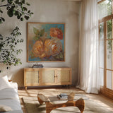 Roses Spice II Crop by Peter McGowan. Shown in a natural wood frame in a cozy modern living room. Available as an archival giclee rolled canvas, fine art paper, or poster print. SKU 27987a.
