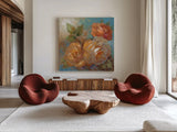 Roses Spice II Crop by Peter McGowan. Shown as extra-large giant wall art in a modern living room. Available as an archival giclee rolled canvas, fine art paper, or poster print. SKU 27987a.