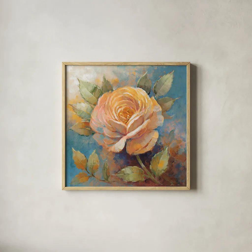 Roses Spice IV Crop by Peter McGowan. Shown in a natural wood glass frame for a timeless modern aesthetic. Available as an archival giclee rolled canvas, fine art paper, or poster print. SKU 27989a.