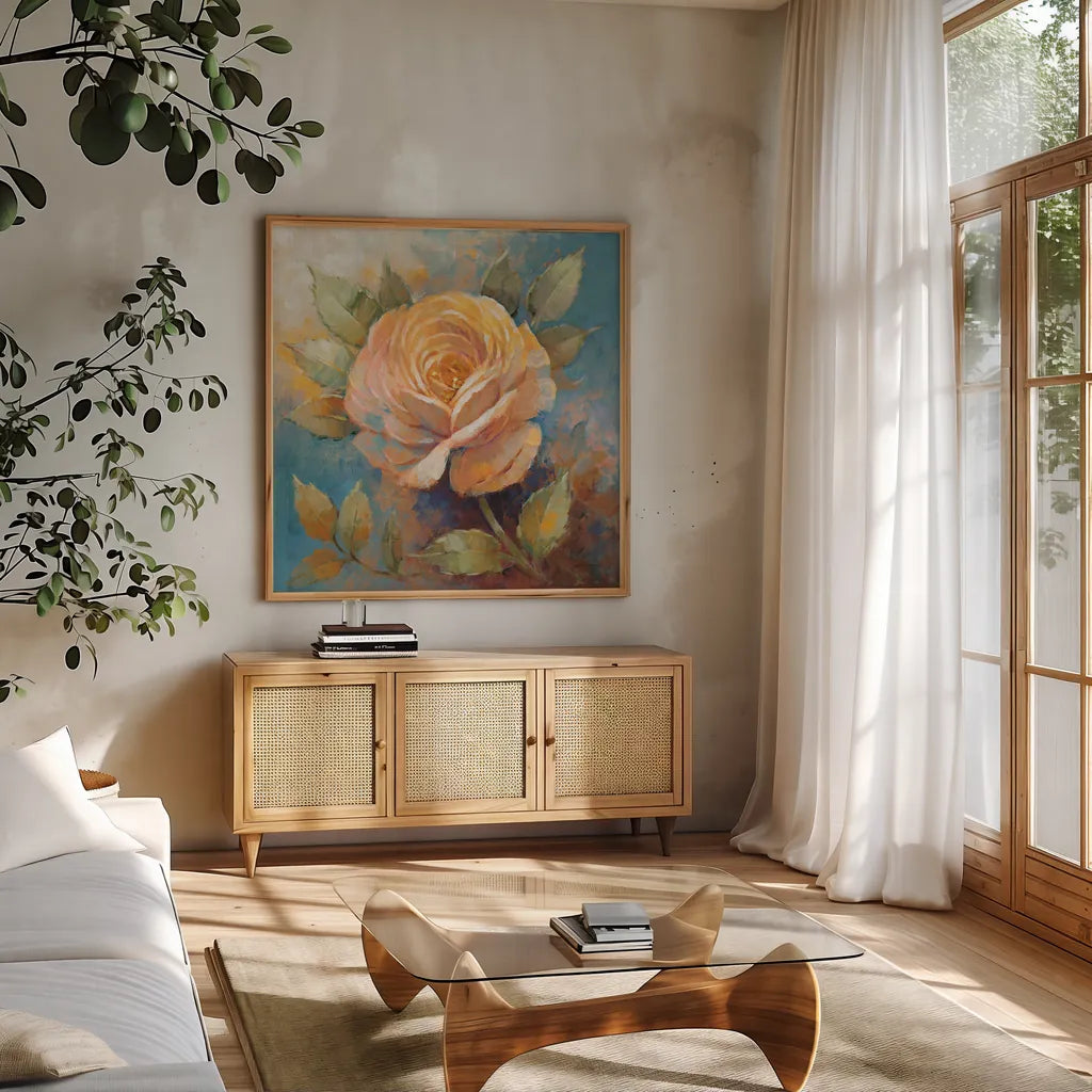 Roses Spice IV Crop by Peter McGowan. Shown in a natural wood frame in a cozy modern living room. Available as an archival giclee rolled canvas, fine art paper, or poster print. SKU 27989a.