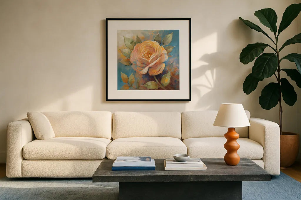 Roses Spice IV Crop by Peter McGowan. Displayed in a glass frame with matte in a clean modern living room. Available as an archival giclee rolled canvas, fine art paper, or poster print. SKU 27989a.