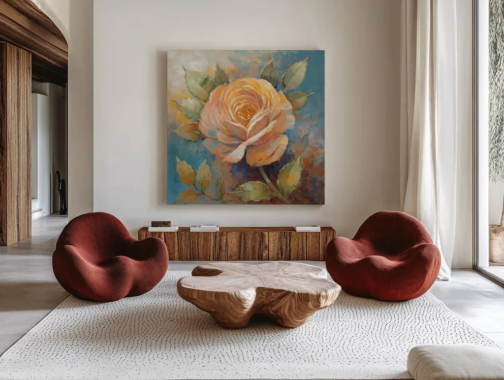Roses Spice IV Crop by Peter McGowan. Shown as extra-large giant wall art in a modern living room. Available as an archival giclee rolled canvas, fine art paper, or poster print. SKU 27989a.