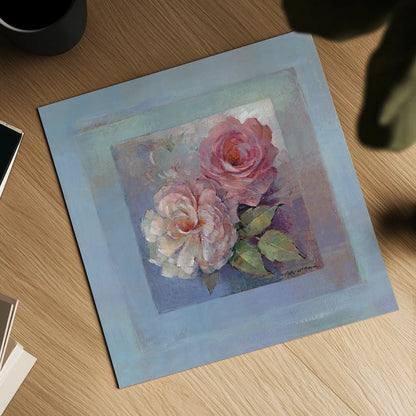 Roses on Blue I by Peter McGowan. Shown as a detailed flat fine art print, highlighting archival giclee quality. Available as an archival giclee rolled canvas, fine art paper, or poster print. SKU 1246a.