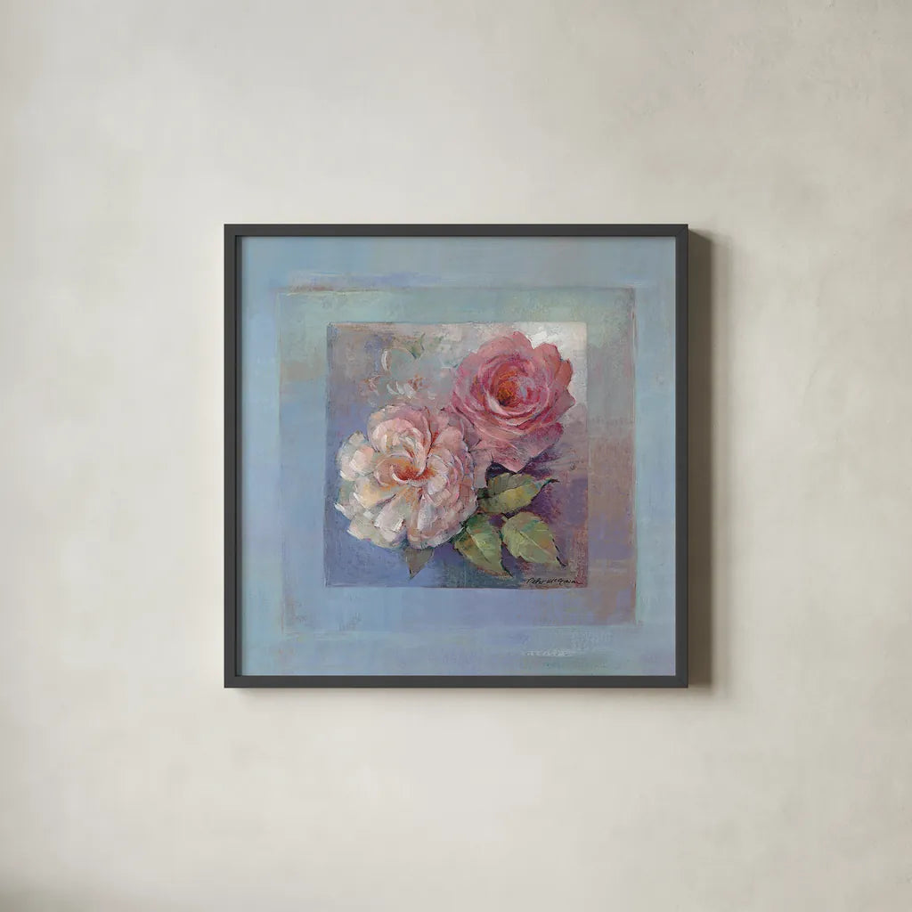 Roses on Blue I by Peter McGowan. Shown in a sleek black glass frame for a contemporary gallery look. Available as an archival giclee rolled canvas, fine art paper, or poster print. SKU 1246a.