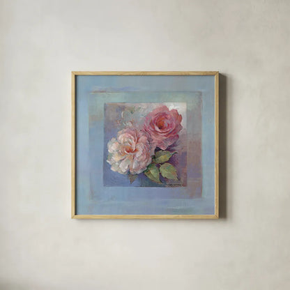 Roses on Blue I by Peter McGowan. Shown in a natural wood glass frame for a timeless modern aesthetic. Available as an archival giclee rolled canvas, fine art paper, or poster print. SKU 1246a.