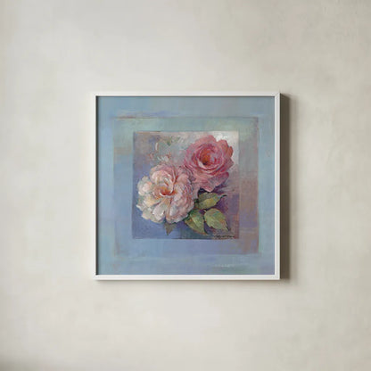 Roses on Blue I by Peter McGowan. Shown in a crisp white glass frame for a clean and minimalist style. Available as an archival giclee rolled canvas, fine art paper, or poster print. SKU 1246a.