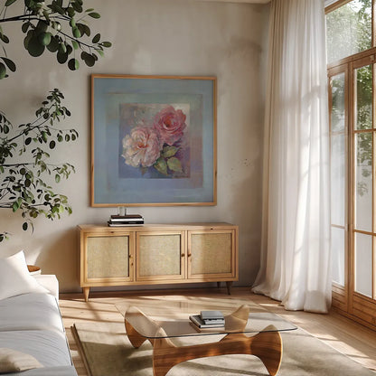 Roses on Blue I by Peter McGowan. Shown in a natural wood frame in a cozy modern living room. Available as an archival giclee rolled canvas, fine art paper, or poster print. SKU 1246a.