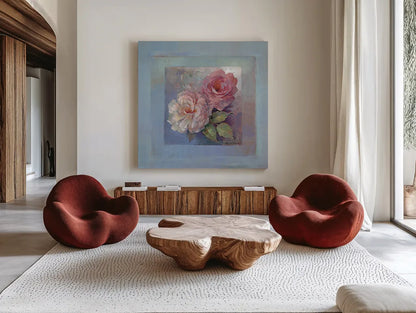 Roses on Blue I by Peter McGowan. Shown as extra-large giant wall art in a modern living room. Available as an archival giclee rolled canvas, fine art paper, or poster print. SKU 1246a.